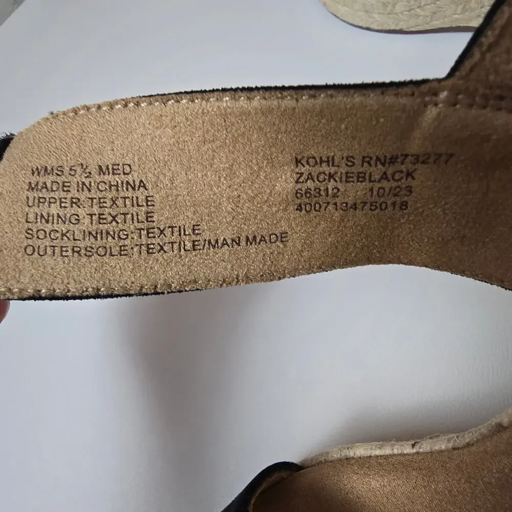 Black Suede Espadrille Wedge Sandals Size 6 Ankle Strap Memory Foam Open Toe